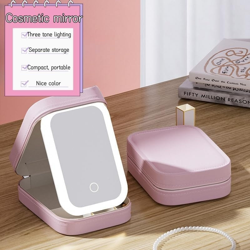 Travel Makeup Case with Lighted Mirror, Partitionable Cosmetic Bag, Professional Cosmetic Artist Organizer, Waterproof Portable, Travel Toiletry Bag for Women, Makeup Bag Case, Pink, Stylish