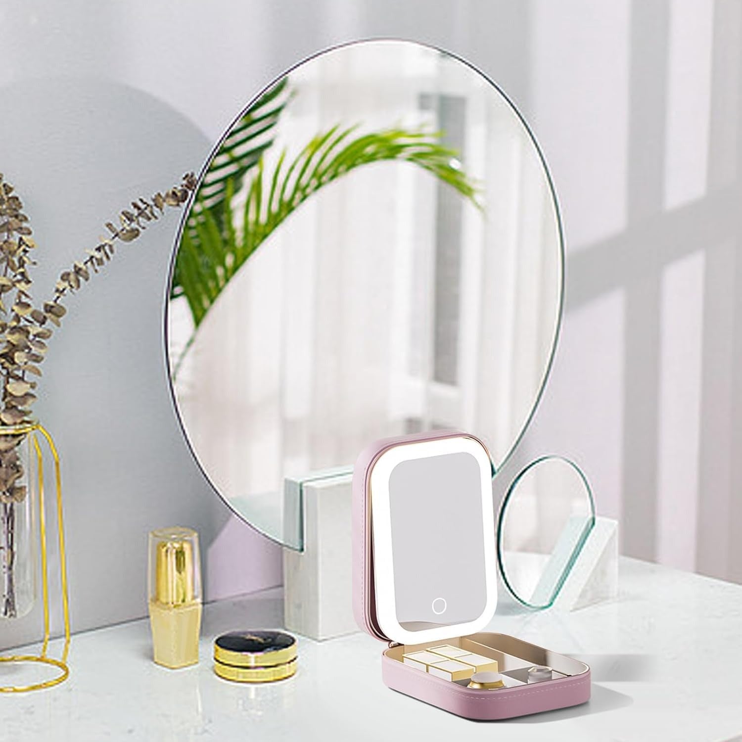 Travel Makeup Case with Lighted Mirror, Partitionable Cosmetic Bag, Professional Cosmetic Artist Organizer, Waterproof Portable, Travel Toiletry Bag for Women, Makeup Bag Case, Pink, Stylish