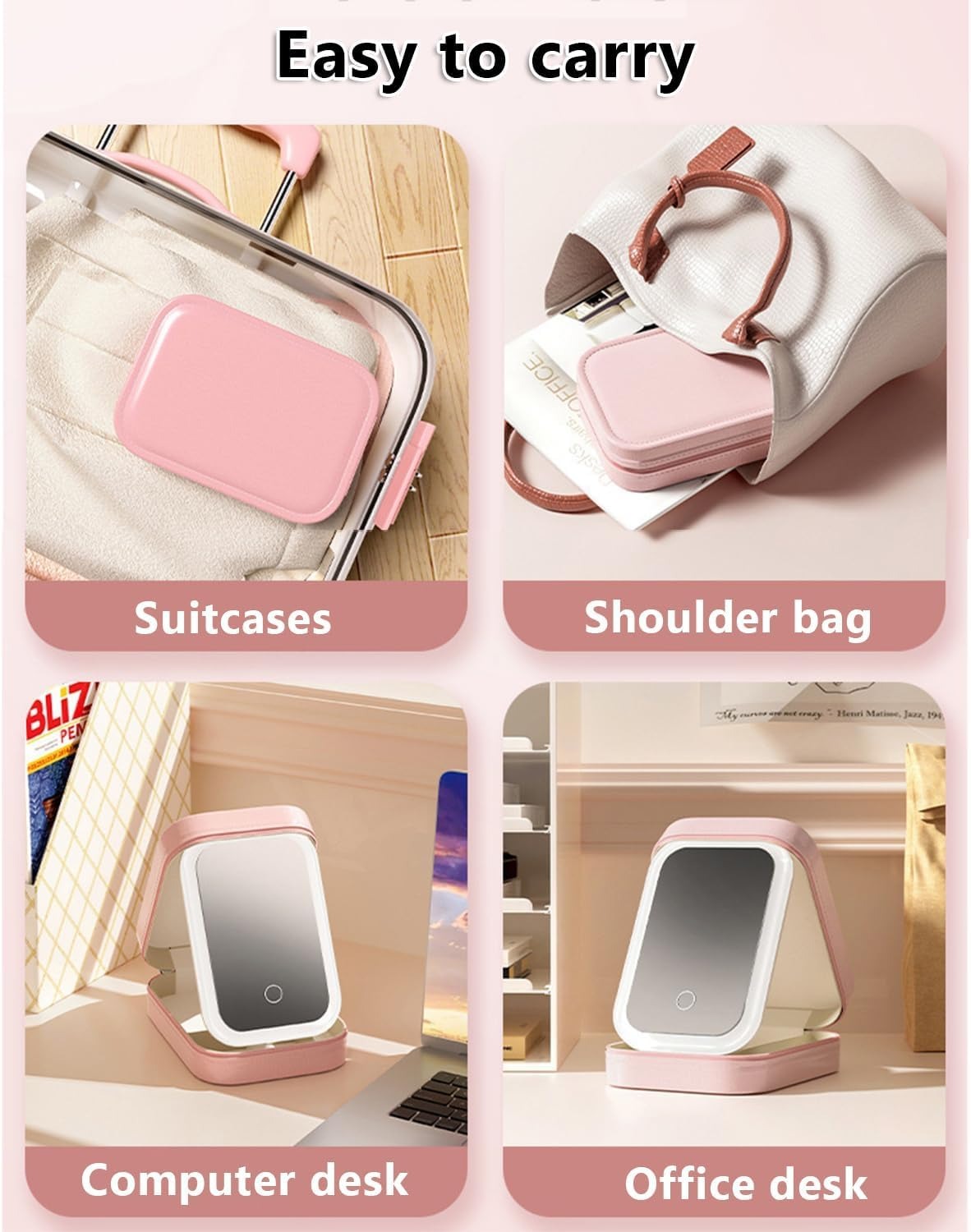 Travel Makeup Case with Lighted Mirror, Partitionable Cosmetic Bag, Professional Cosmetic Artist Organizer, Waterproof Portable, Travel Toiletry Bag for Women, Makeup Bag Case, Pink, Stylish