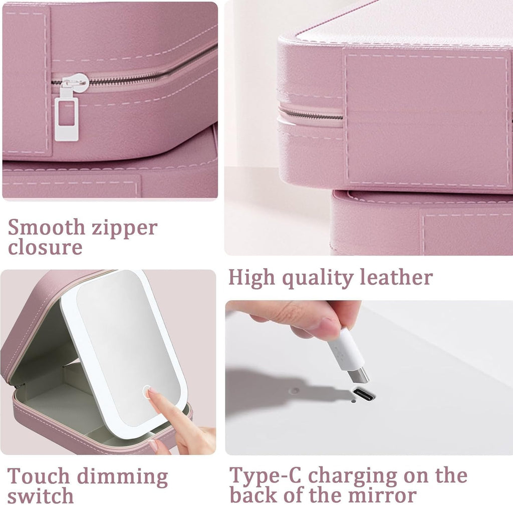 Travel Makeup Case with Lighted Mirror, Partitionable Cosmetic Bag, Professional Cosmetic Artist Organizer, Waterproof Portable, Travel Toiletry Bag for Women, Makeup Bag Case, Pink, Stylish