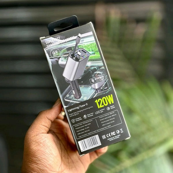 120W Fast Car Charger with 80CM Retractable Lightning Type-C Charging for 4 Devices – Universal Car Mobile Charger for All Smartphones & Tablets (Car Charger)