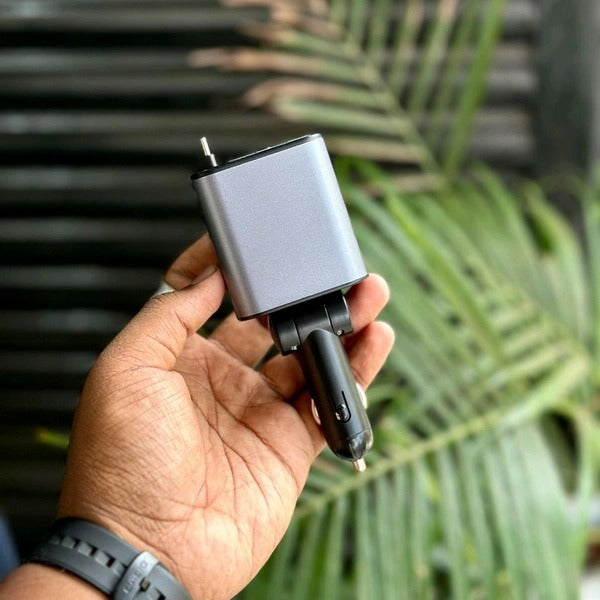 120W Fast Car Charger with 80CM Retractable Lightning Type-C Charging for 4 Devices – Universal Car Mobile Charger for All Smartphones & Tablets (Car Charger)