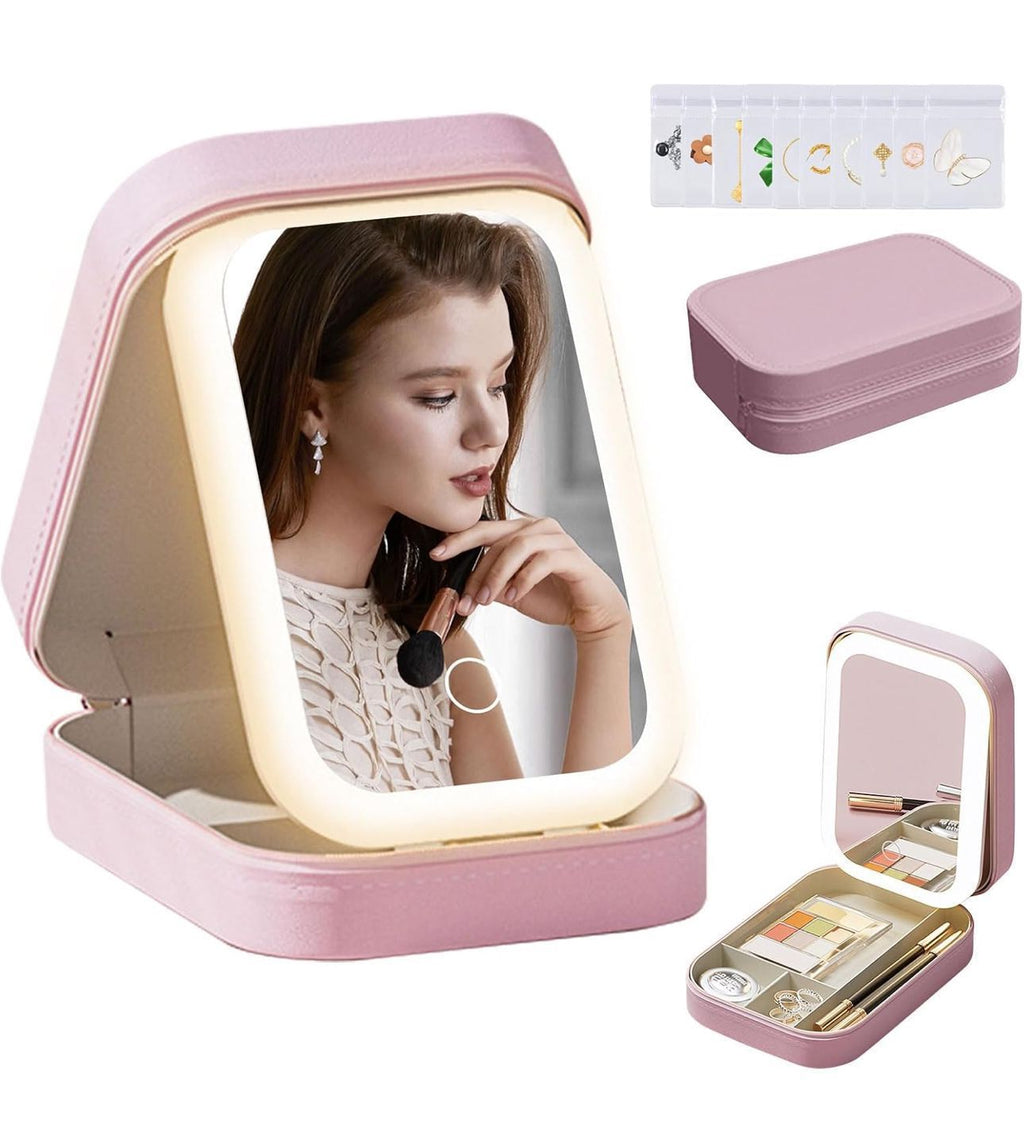 Travel Makeup Case with Lighted Mirror, Partitionable Cosmetic Bag, Professional Cosmetic Artist Organizer, Waterproof Portable, Travel Toiletry Bag for Women, Makeup Bag Case, Pink, Stylish