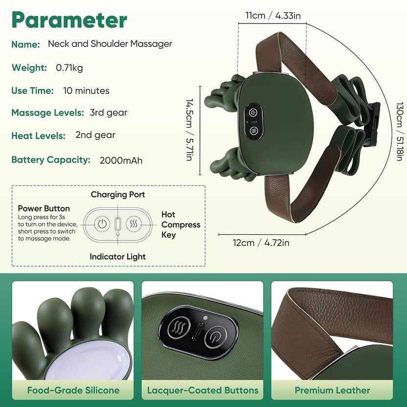 AHCS Bionic Heated Massager, Wireless Portable Shiatsu Neck and Back Massager Deep Tissue 4D Kneading Massage, Simulated Human Hand Design for Pain Relief Massager