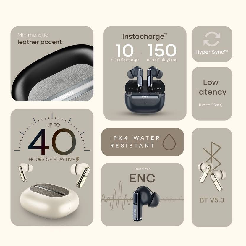 Noise Buds UNO, 40Hrs Playtime, Quad Mic with ENC, Premium Leather Accent, Dual Pair Bluetooth (Navy Grain, True Wireless)